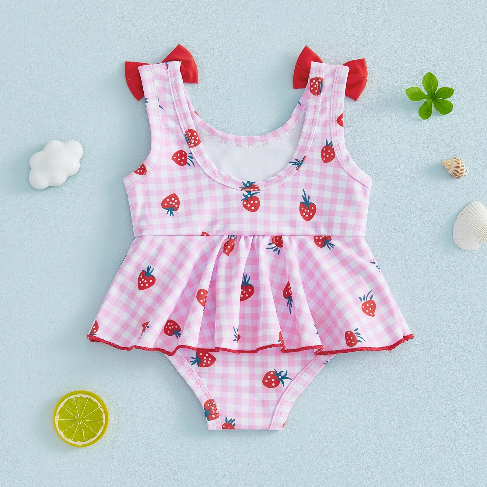 6-24M Infant Baby Girl Strawberry Print Swimsuit Cute Bow Ruffle Hem Skirt Swimwear Summer Beach Bathing Suit for Pool Vacation