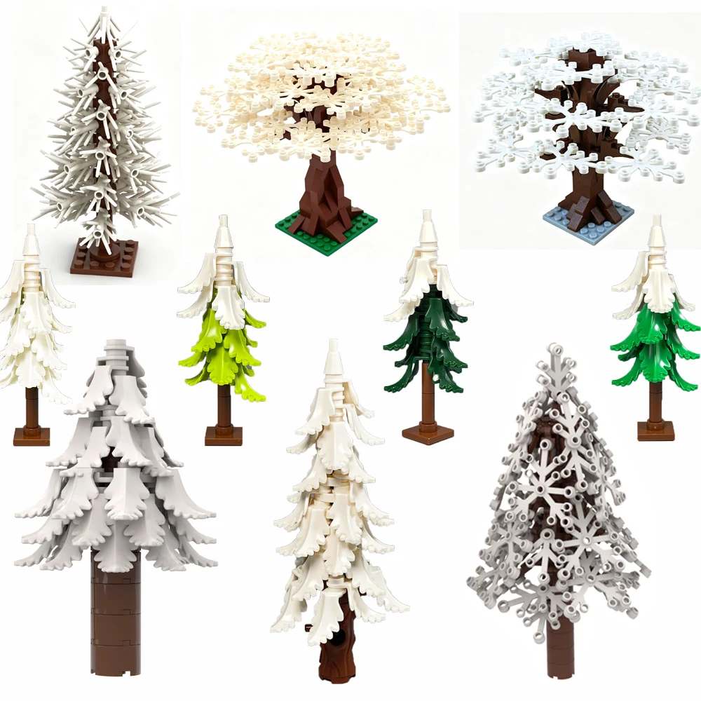 MOC City Bricks Plant Set Winter Pine Trees Arbor Forest Bush Leaves Building Blocks Street House Cottage Scene