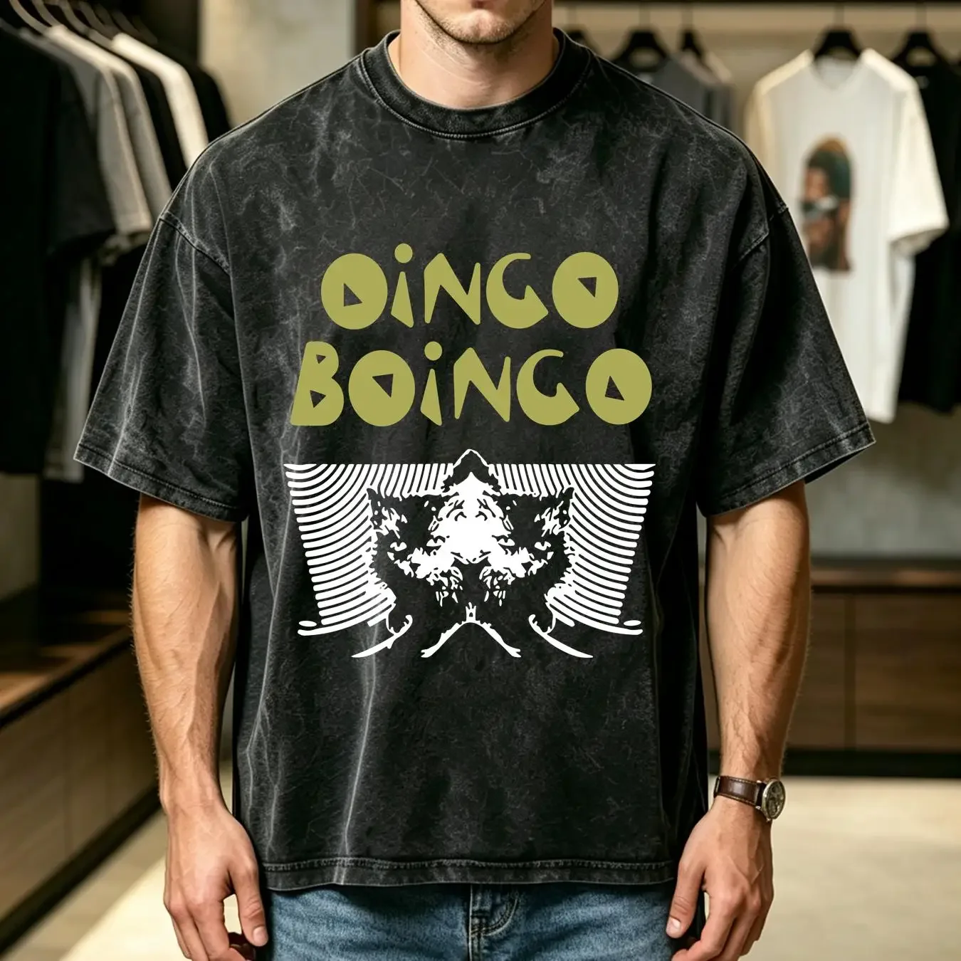 washed T Shirt Oingo Boingo screen print short sleeve cotton long or sleeves vintage Washed Versatile Stylish streetwear