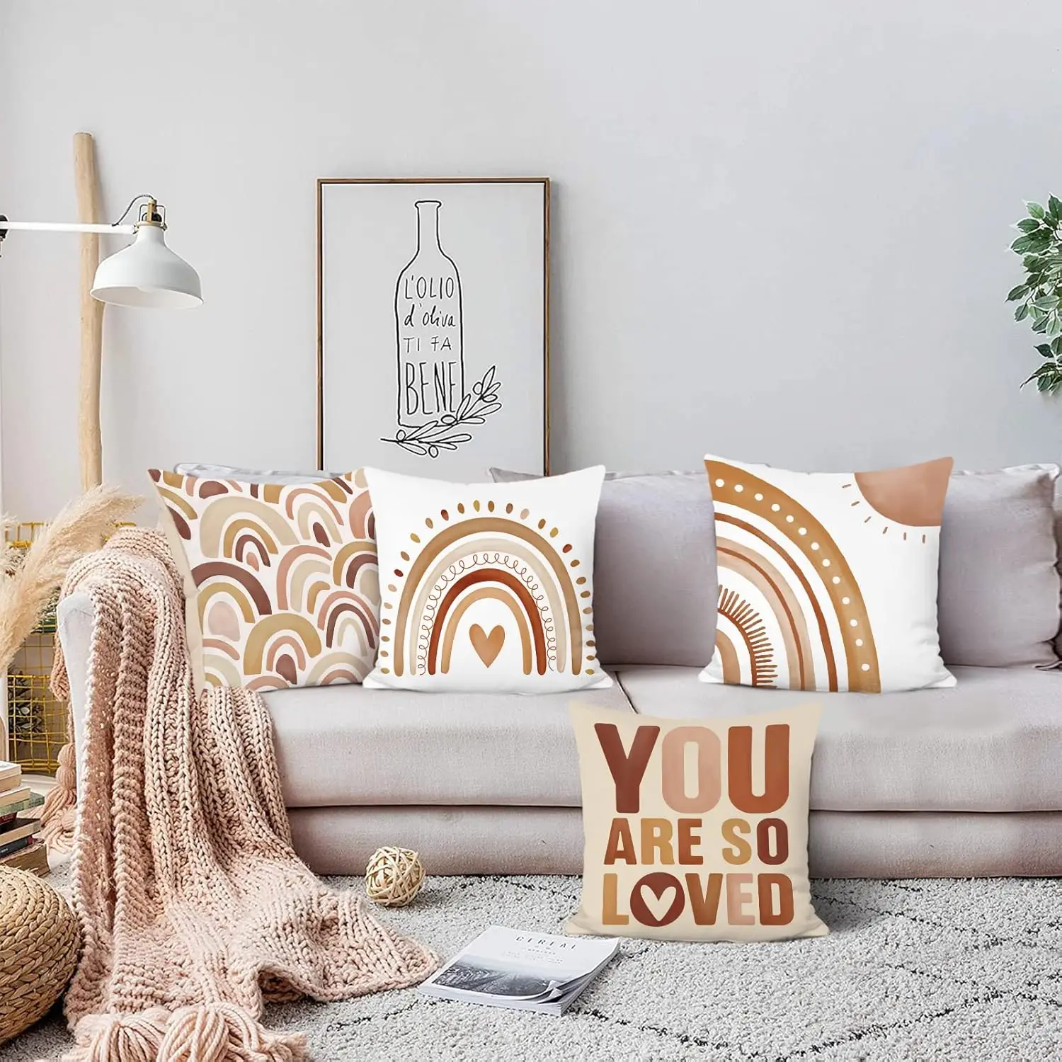 4pcs Boho Rainbow You Are So Loved Printed Pillow Cover Polyester Cushion Case 2D Flat Warm Earth Tone Home Decor Now