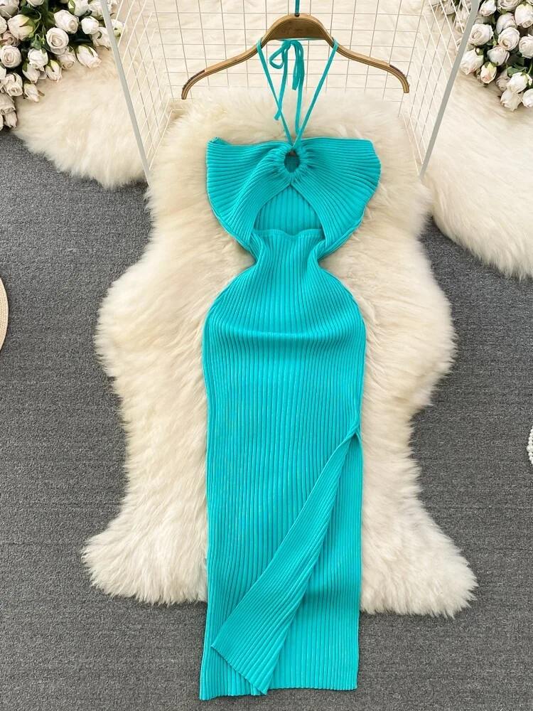 Hanging Neck Hollow Tight Fitting Slimming Backless Sleeveless Mid To Long Slit Hip Hugging Knitted Base Dress
