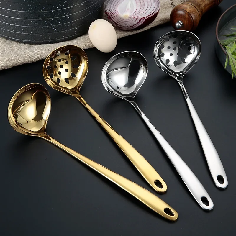 

Stainless Steel Spoon Colander Gold Long Handle Hot Pot Ramen Noodles Porridge Ladle Scoup Kitchen Cooking Tablespoons Utensils