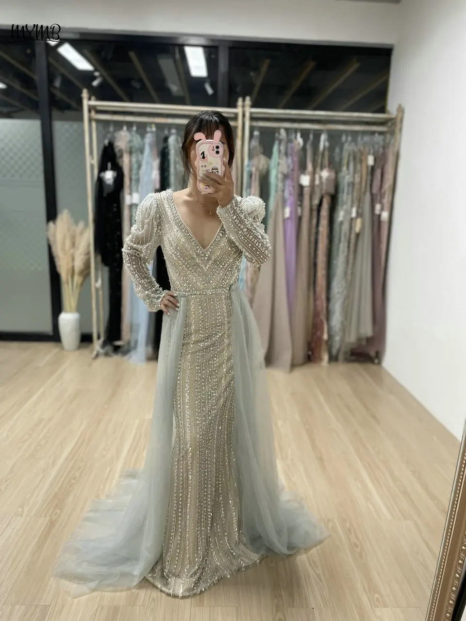 

MYMB Elegant Long Sleeves Mermaid Evening Gown for Wedding Party Arabic Luxury Beaded V Neck Mother Of The Bride Dress USMA002B