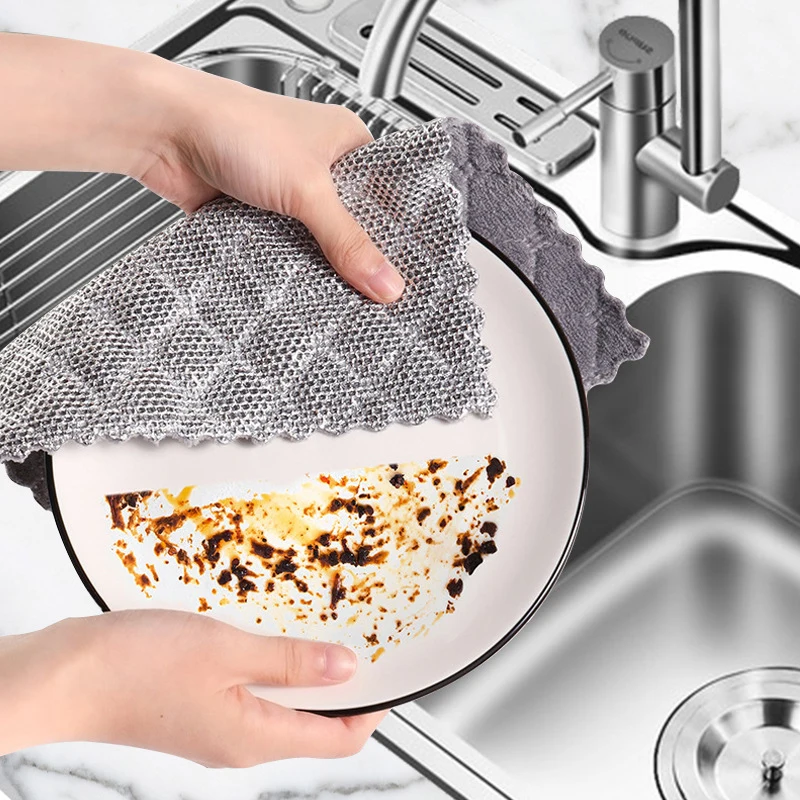 Double-sided Silver Wire Velvet Rags Kitchen Pan Pot Dishwashing Cloth Dishcloths Non-stick Oil Rust Removal Cleaning Rag