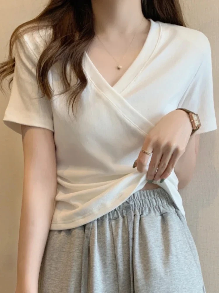 

Summer New Korean Fashion Casual Cross V-neck Women's T-shirt Short Sleeve Slim Bottoming Shirts Crop Top Youthful Woman Clothes