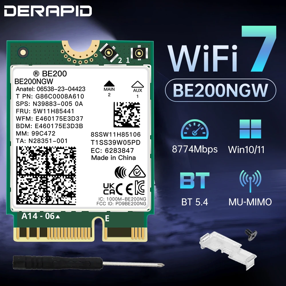 

Трехдиапазонный адаптер WiFi7 BE200NGW Bluetooth 5,4 беспроводной ключ M.2 для ПК/ноутбука, совместимый с Win10/11 выходами AX210/AX200