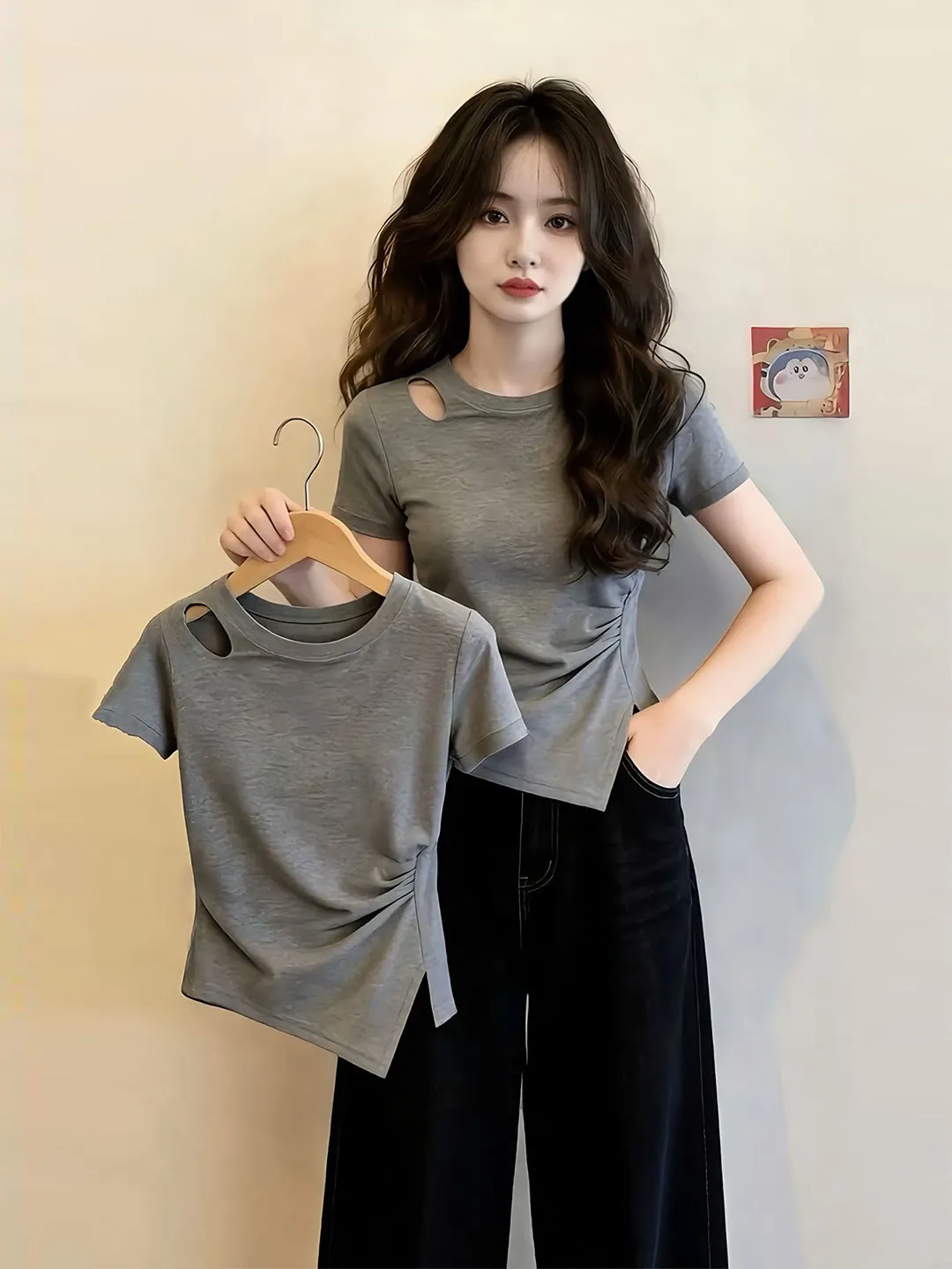 

Hollow out Shoulder Design Short Sleeve T-Shirt Women's Summer Slimming Meat Covering Top Micro Office Wear round Neck Commut...