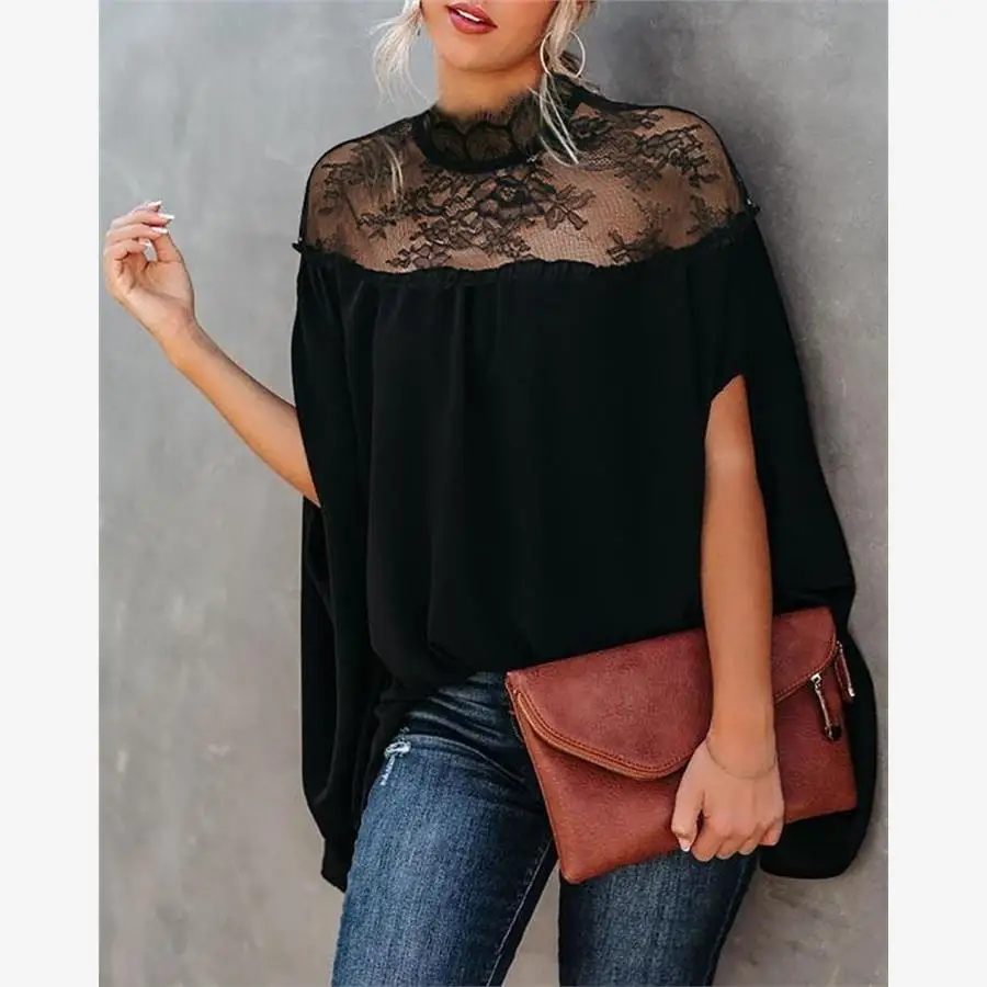 

Loose Women's Casual Lace irt Top Batwing Sve Patchwork Coat Summer Commute Sle round Ne ort Sve Color