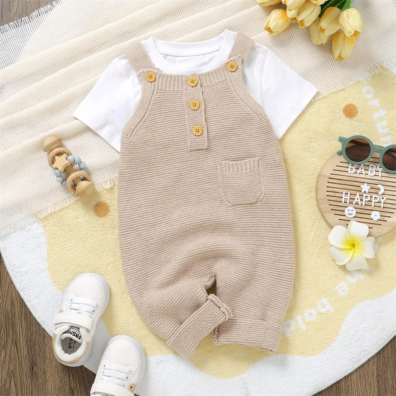 Baby Boy Girl Winter Sweaters Romper Overalls Button-up Sleeveless Square Neck Ribbed Knitted Jumpsuit