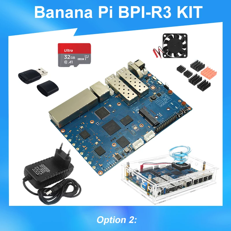 Banaan Pi BPI-R3 Kit Mediatek Mt7986 2Gb Ram 8G Emmc 5gbe Network Sfp 2.5gbe Openwrt Soft Router Board Met Behuizing Voeding