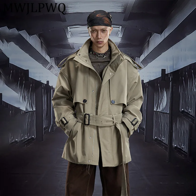 

MWJLPWQ Men's High-end Warm Mid-length Coat High Street Windproof Water Design Stand Collar Lace Up Design Zipper Trench 12985