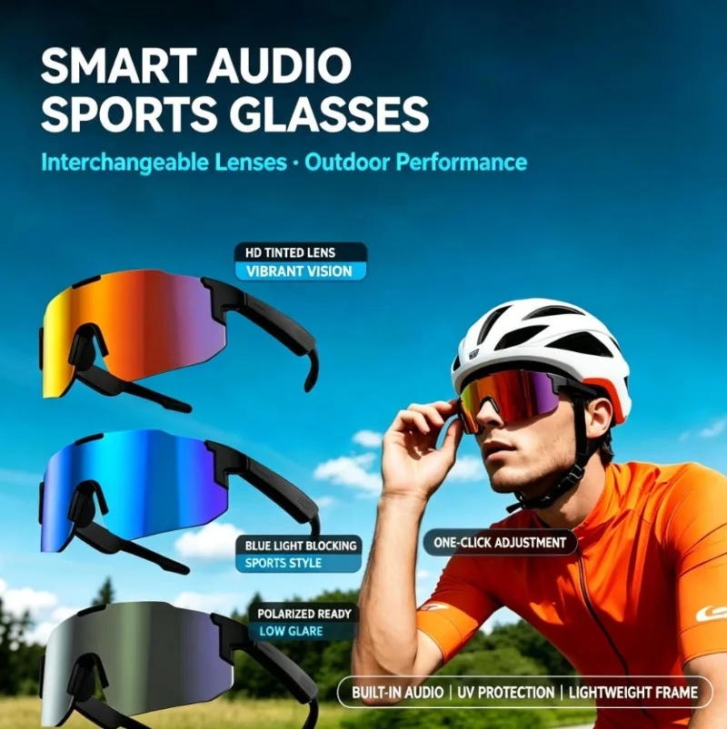 Gafas de Sol Deportivas Inteligentes con Audio, Auriculares Bluetooth, Lentes Intercambiables, Protección UV, Ligeras, para Ciclismo