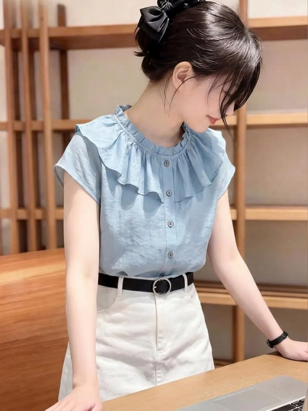 

Elegant Pure Color Short Sleeve Shirt Versatile Fashionable Design Commute Style Korean Version Straight Cut Summer Top