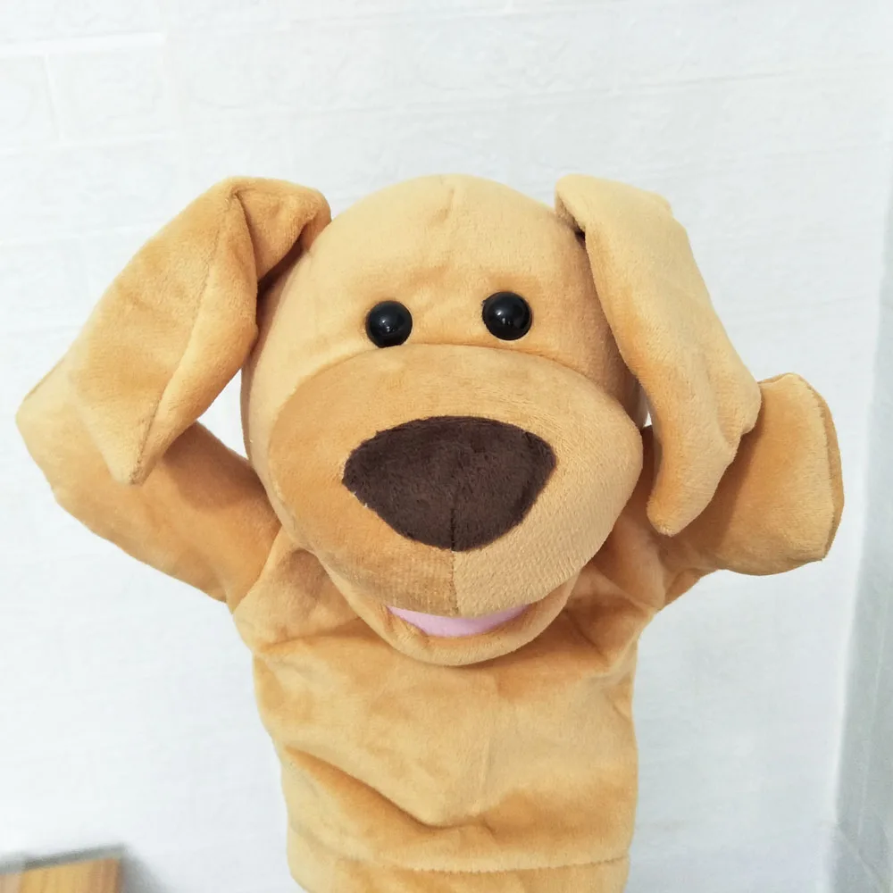Open mond gele glimlach hond handpop knuffel gevuld cadeau voor kinderen verlichting onderwijs