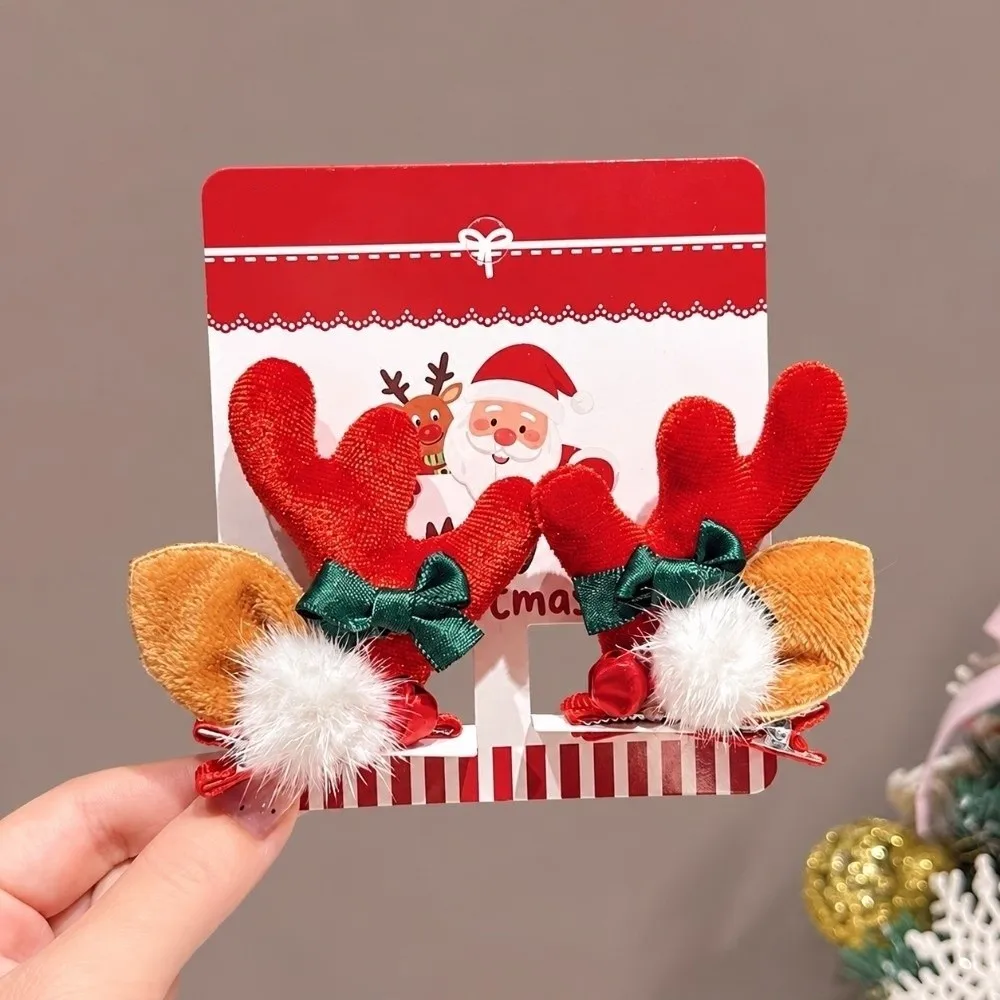 2pcs/set Gift Red Reindeer Antler Hair Clips Pom-pom Elk Horn Christmas Hair Accessory with Bow Cute Hair Clips Photo Props