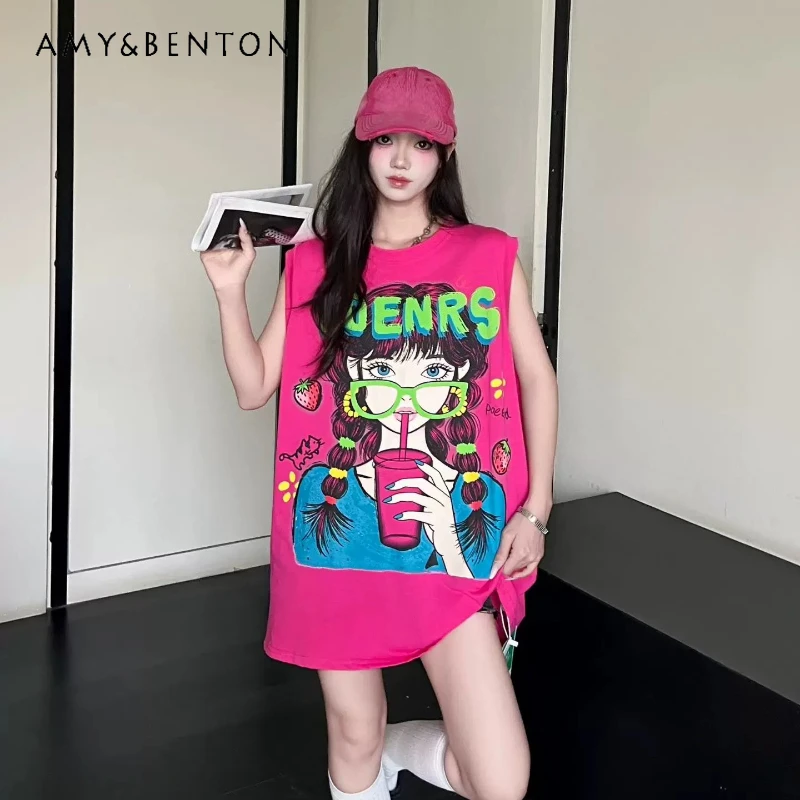 

2026 Summer New Arrivals Trendy Oversized Foam Print Cartoon Graphic Tank Top T-shirt Y2k Clothes Rose Red O-neck Tshirts Ladies