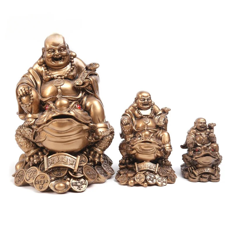 Feng Shui Resin Maitreya Buddha Statue Toad Figurine Money Fortune Wealth Chinese Golden Frog Home Office Lucky Gifts Tabletop