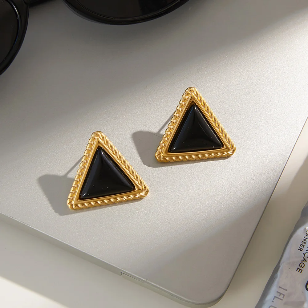 

Vintage Stainless Steel Stud Threaded Droplet-shaped Black Agate Natural Stone Earrings For Women Waterproof Jewelry