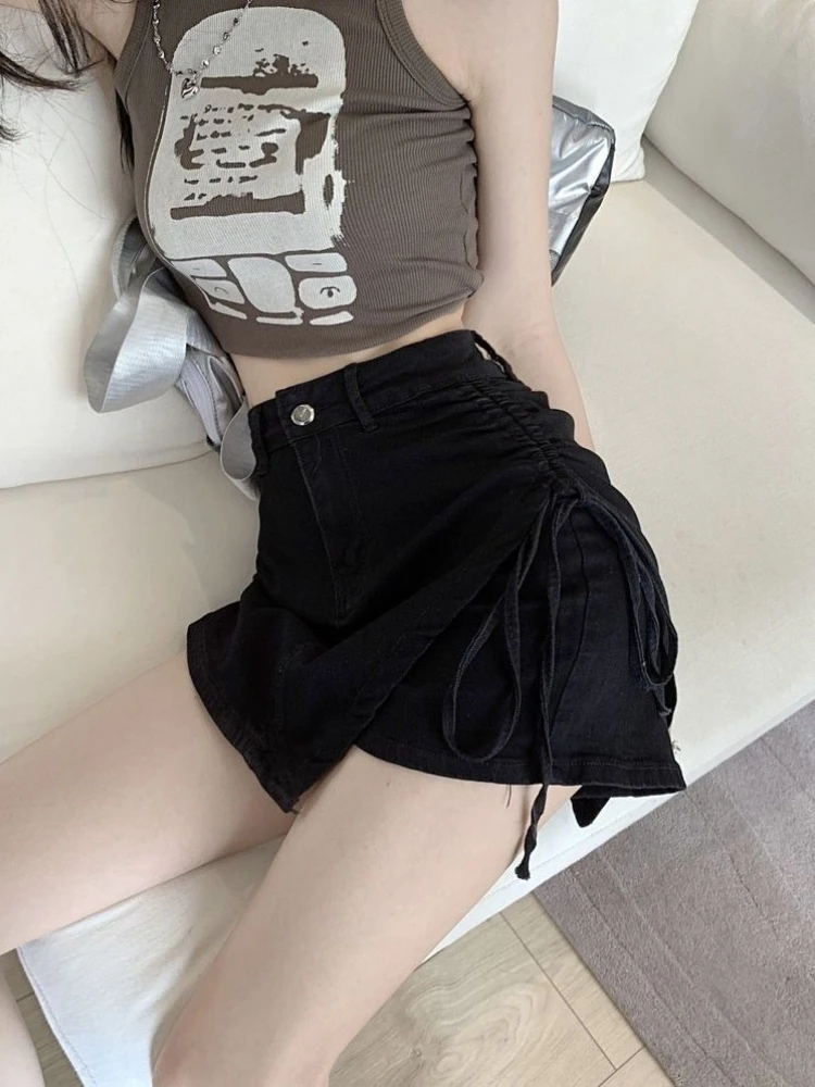 

Джинсовая короткая юбка цвета хаки с высокой талией, новинка лета 2026, на шнуровке, с эффектом утяжки на бедрах, А-силуэт, асимметричная, для миниатюрных женщин, стильная