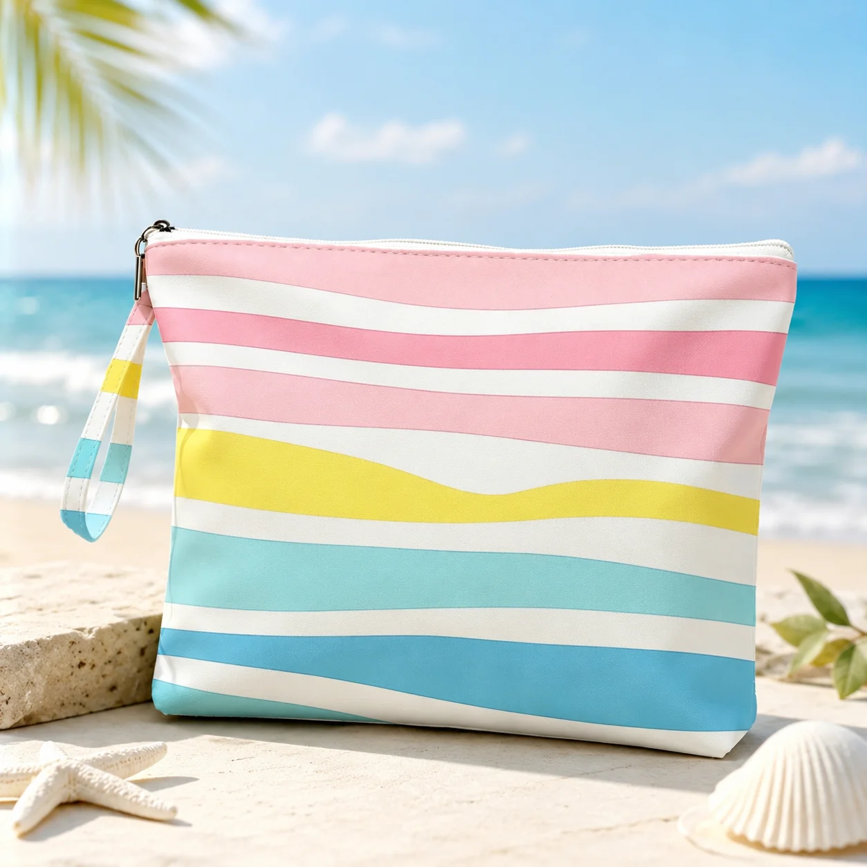 Pastel Striped Travel Cosmetic Bag with Wrist Strap, Large Zipper Toiletry Organizer for Women, Beach Pool Vacation Pouch