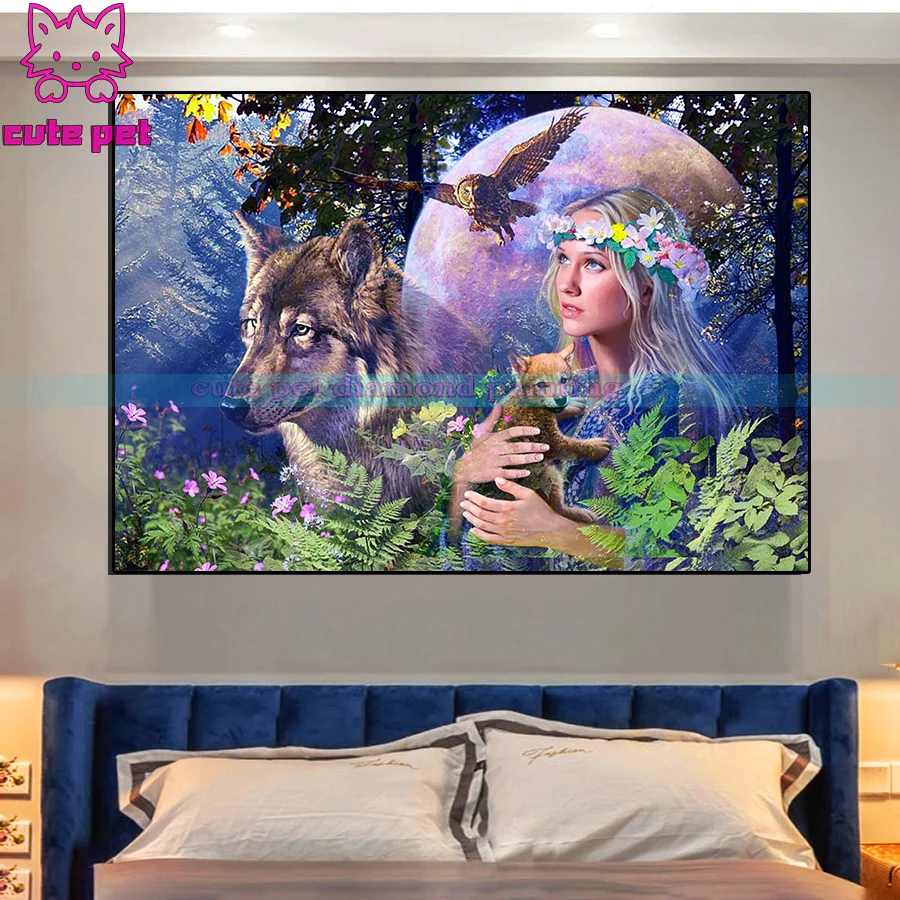 5d Diy diamond painting Cross Stitch Indian tribe girl and wolf full square drill embroidery rhinestone eagle diamond mosaic