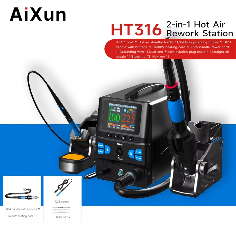 

HT316 Dual Channel Soldering Station 1400W Hot Air Gun & 150W Iron, 3.5" LCD, USB/Bluetooth, Auto Sleep