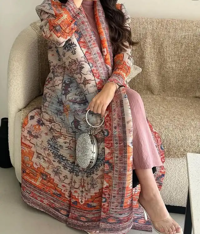 Women's Middle Eastern Muslim geometric print long robe, suitable for Ramadan, factory direct wholesale, long Muslim robe.