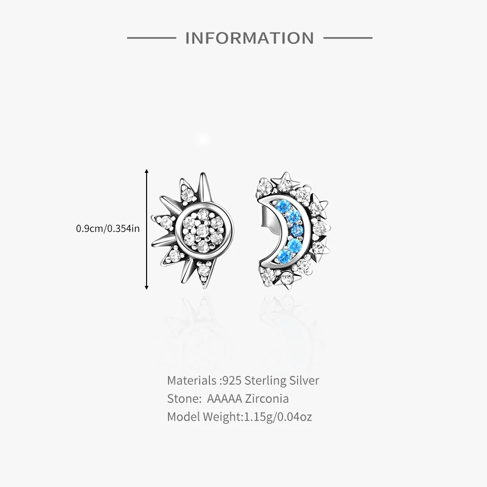 CANNER 925 Sterling Silver Stud Earrings for Women Fashion Asymmetry Star Moon Zircon Small Exquisite Ear Studs Jewelry 1pair