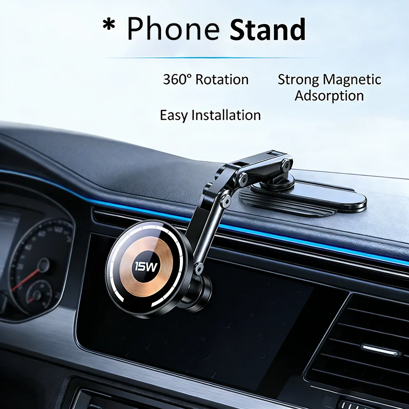 

Magnetic Wireless Car Charger Stand for MagSafe Compatible Phone 360° Foldable Dashboard Mount Adjustable for iPhone Driving Use