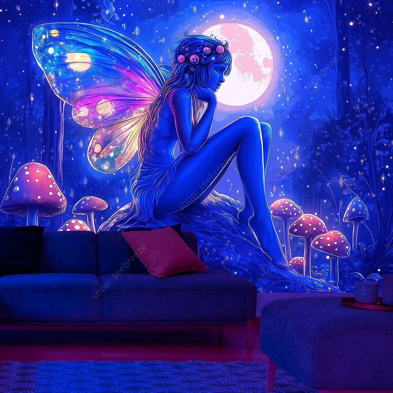 مسحور الغابات الجنية الأشعة فوق البنفسجية رد الفعل نسيج نابض بالحياة ماجيك القمر الفطر غريب الأطوار الخيال غرفة عنبر مكتب ديكور غرفة نوم