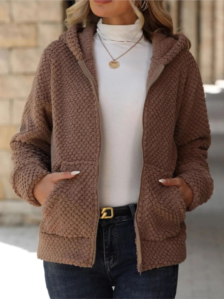 Women's Temperament Commuting Long-sleeved Jacket Autumn Winter Loose Casual Solid Color Pocket Hooded Zipper Cardigan Plush Top