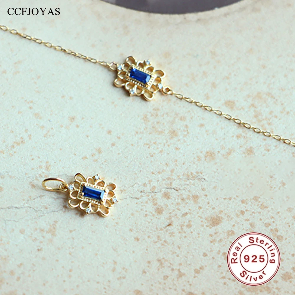 

CCFJOYAS 925 Sterling Silver Necklace/Bracelet Set Simple Square Sapphire Exquisite Necklace for Women Fine Jewelry Set