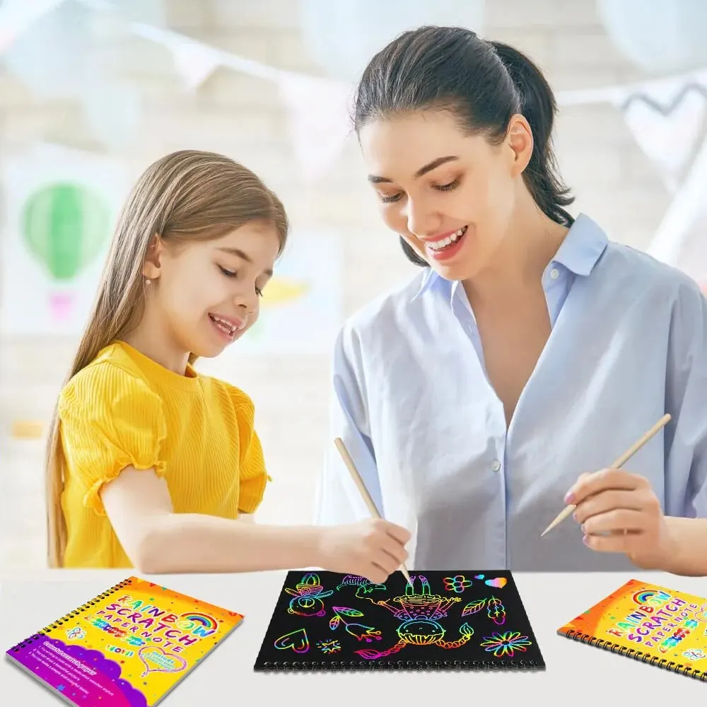 3 Pack Rainbow Scratch Off Notebooks Arts Crafts Supplies Set Color Drawing Paper Kit Gifts For 3-12 Year Old Girls Boys