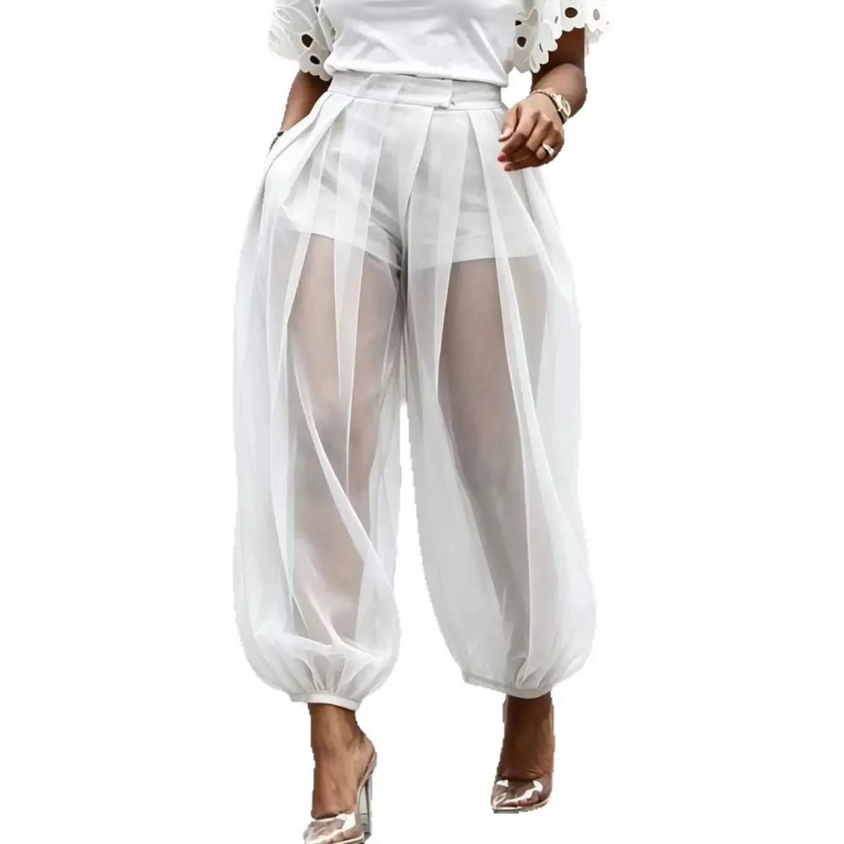 Summer New Loose Mesh Half-Transparent Solid Color Splice Lantern Pants Breathable Lightweight Comfortable Pure Color Leggings