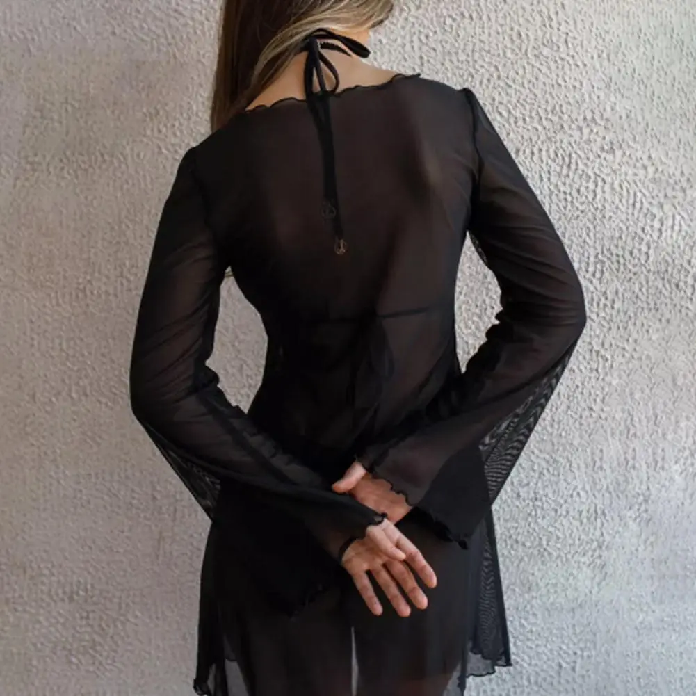 ビーチメッシュスカートドレスシックなシアーメッシュ水着カバーアップベルスリーブビーチドレス夏休みの衣装女性のセクシーなビキニ