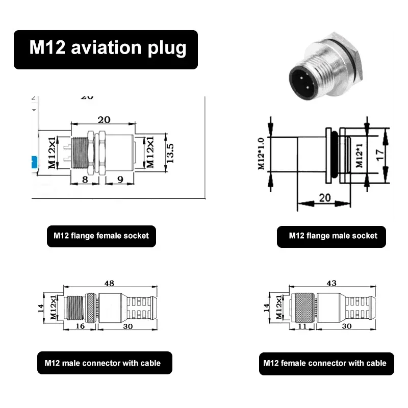 Elbow M12 8pin 12pin Aviation Plug Wire 4pin 5pin 6pin Male Female Straight Head with 2M Cable Flange Seat Waterproof Connector