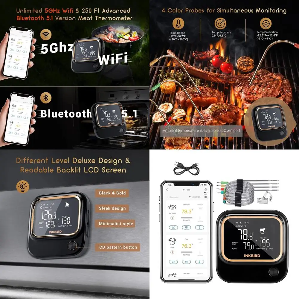 

4-Probe 5GHz WiFi & Bluetooth 5.1 Meat Thermometer, Wireless Grill BBQ Thermometer with APP Control, Alarms, Backlit LCD, Rechar
