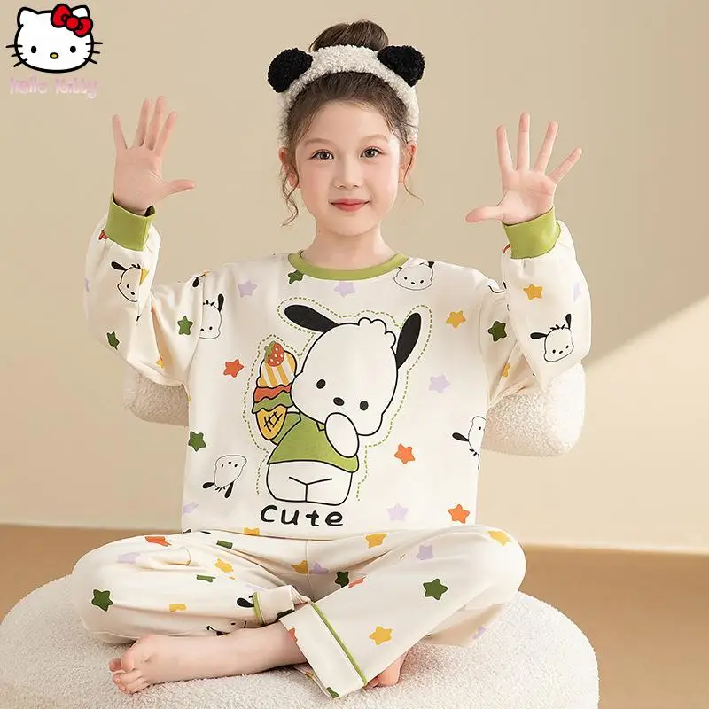 

Children Cartoon Kawaii Comfortable Soft Skin Friendly Round Neck Set Anime Girl Autumn New Kuromi Loose Casual Pajamas
