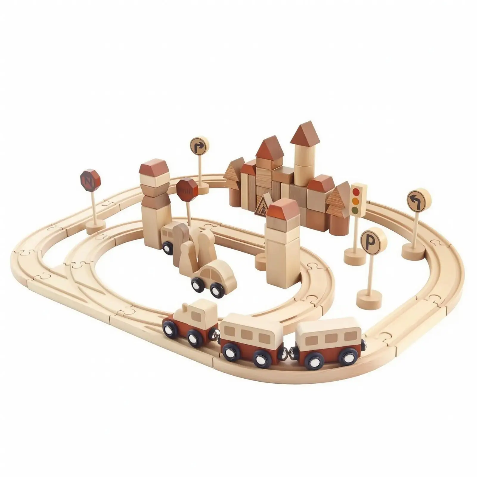 Wooden Train Track Building Blocks for Children with Mini Cars and Road Signs