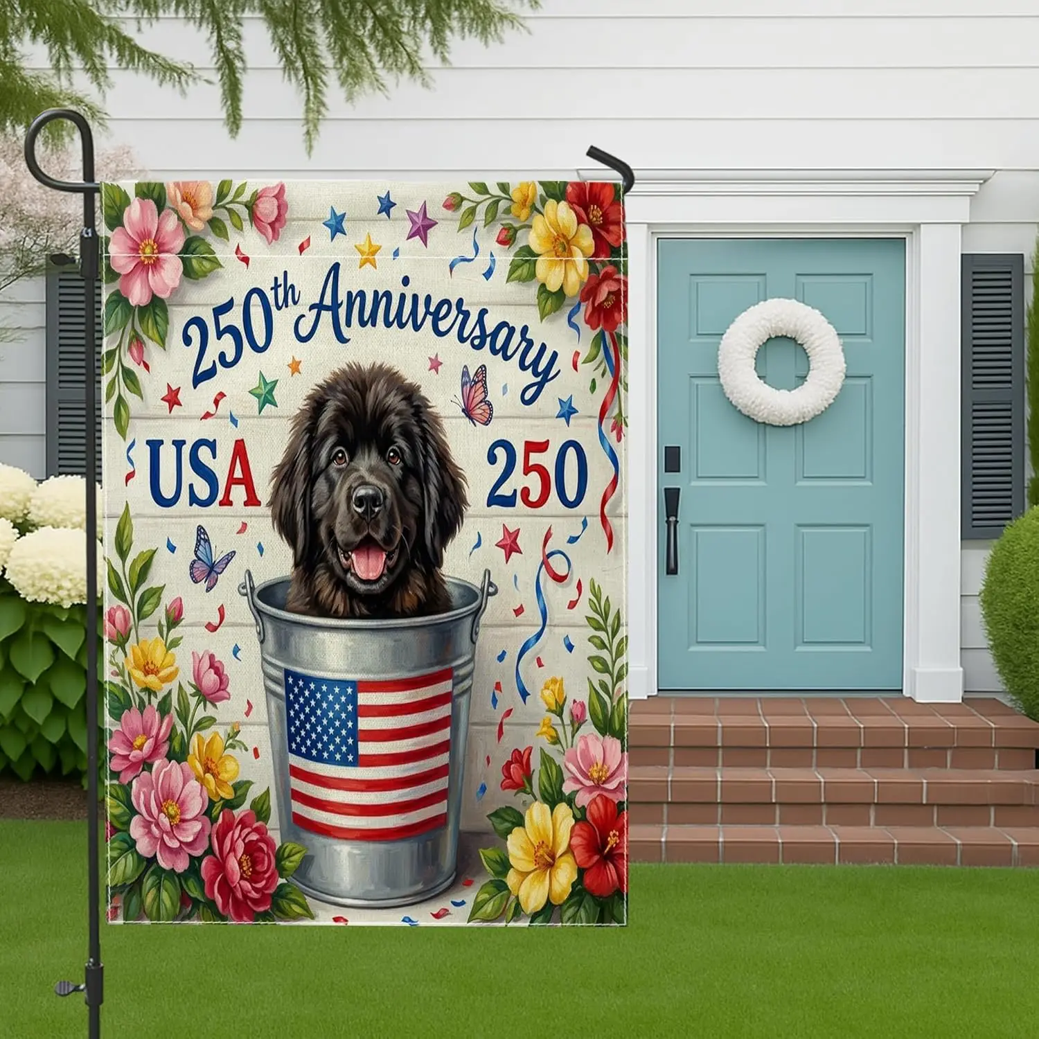 250 Years Newfoundland Dog Garden Flags 12x18 Inch for Outside, 4th of July Wood Pattern Standard Linen House Flags, America AAS