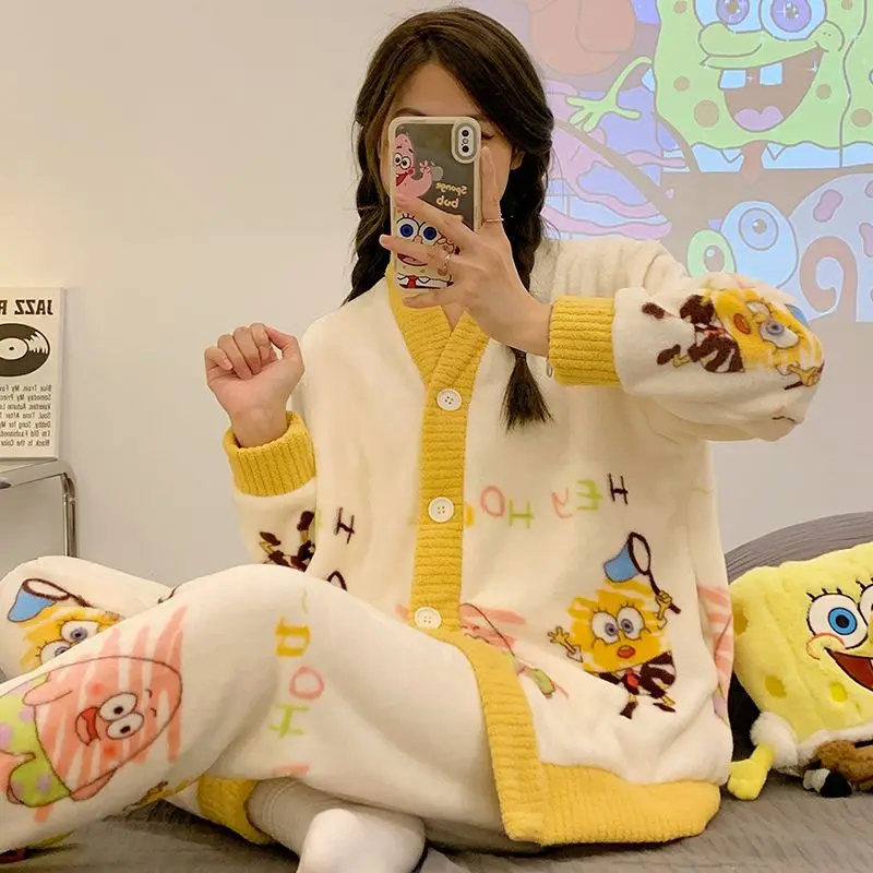 

Anime SpongeBo Flannel Pajamas Set for Women Plus Size Winter Thick Warm Homewear Sleepwear for 80 to 220 lbs Kawaii Cartoon