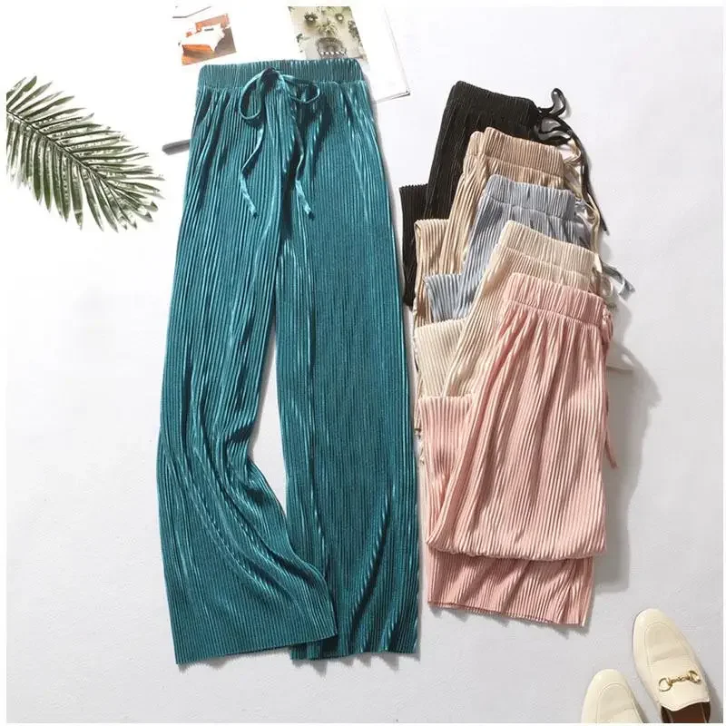 Women Fashion Autumn Summer Wide Leg Pants Pleated Ice Silk Trousers Elastic Waist Loose Casual Pants Streetwear Sweatpants Y2k