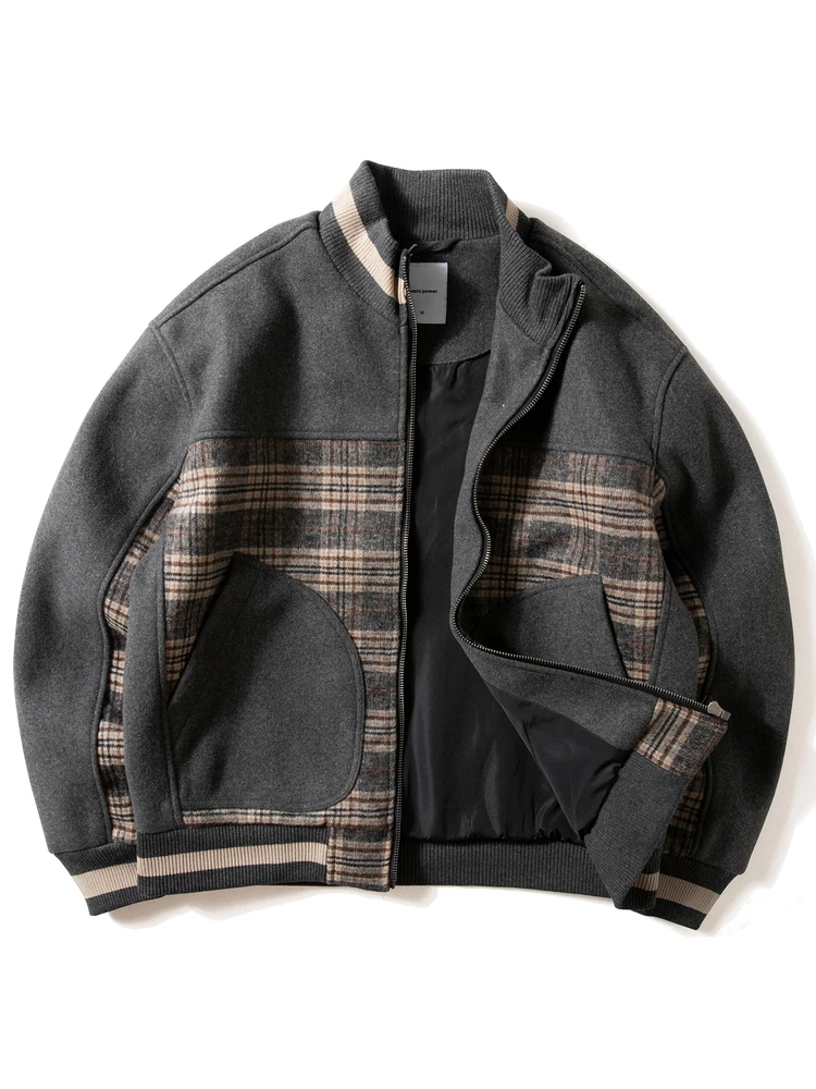 

Retro Plaid Splicing Stand Collar Jaet Men's Autumn Winter Loose Casual ort Woolen Baseball Coat Zipper Decoration Street...