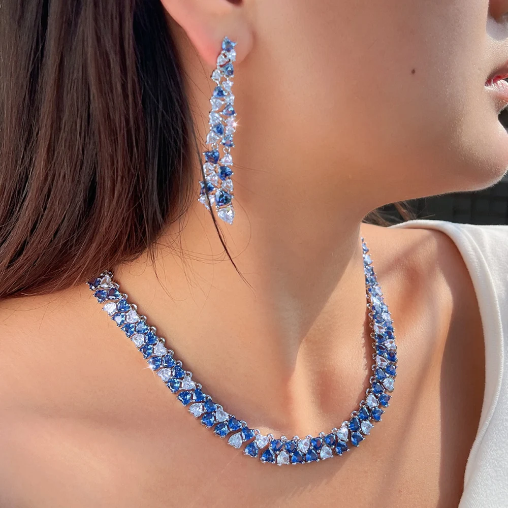 CWWZircons Luxuriöses Glänzendes Blaues CZ Herzförmiges Hochzeits-Bankett-Schmuckset mit Halskette und Ohrringen für Damen Großhandel T0972 – Detail 2