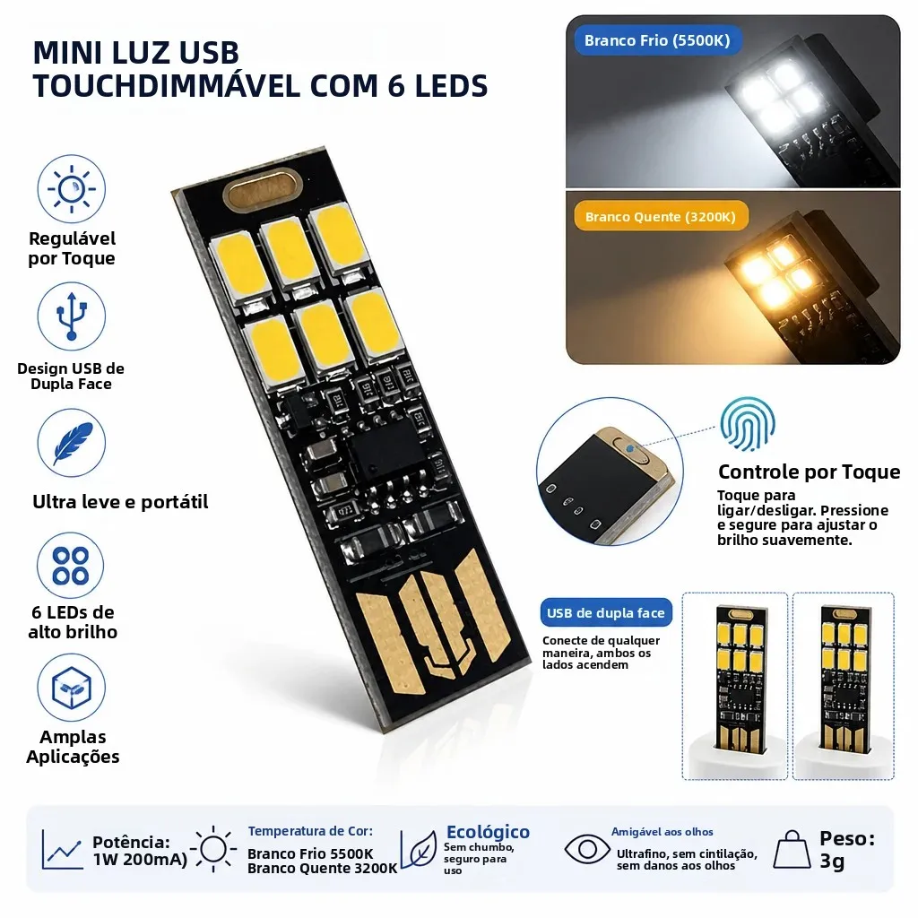 10/5/1PCS Mini Luz Noturna USB 5730 com 6 LEDs 5V Sensor de Toque Regulável para Power Bank, Computador, Laptop, Leitura de Livros, Luminária de Mesa