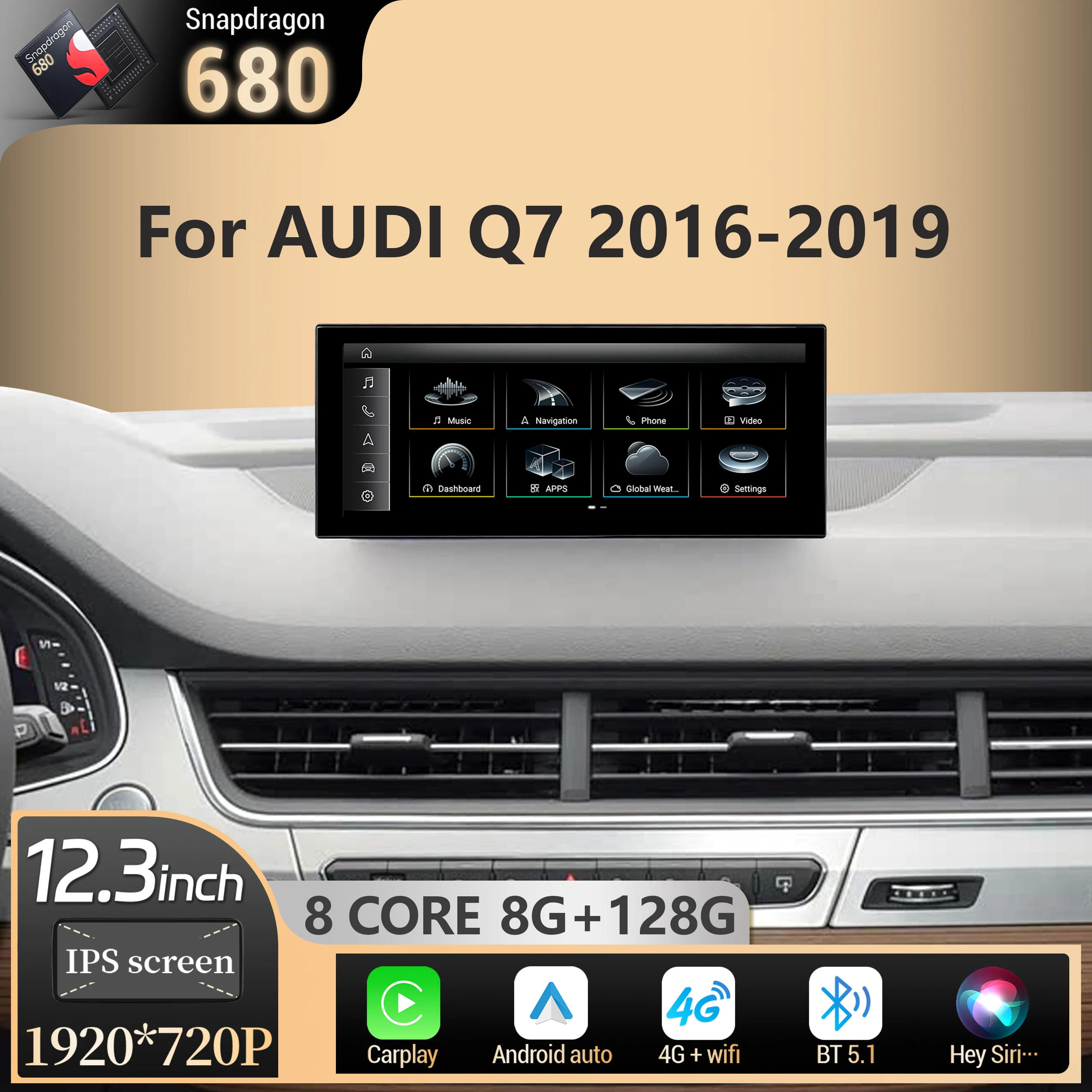 12.3 inch For AUDI Q7 SQ7 2016-2019 Left Hand Drive Android 14 Car Radio Wireless Carplay Qualcomm Snapdragon 680 Touch Screen