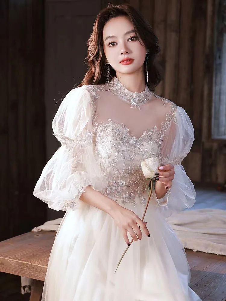 

Elegant White Prom Dress High Neck Lace Embroidery Three-Quarter Tulle Sleeve Chic Appliques Banquet Party Gown Vestido de Festa