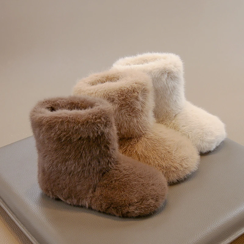 

Luxury Thick Fur Boots Kid Girl Fluffy Warm Plush Booties Child 2025 Winter New Round Toe Slip-on Outdoor Cotton Shoe Size 23-34