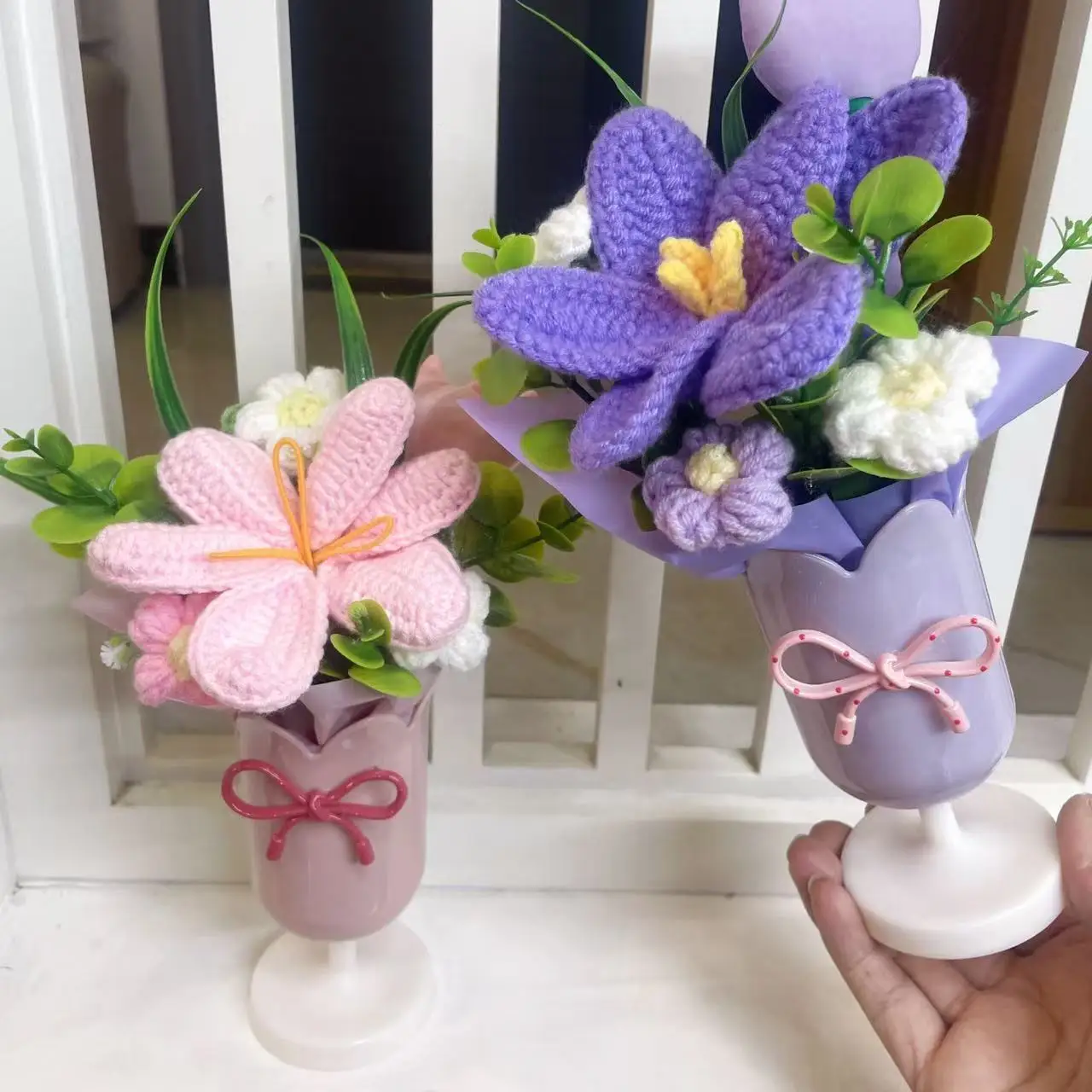 15cm Mini Goblet Artificial Tulip Crochet Flowers Bouqets Home Dest Decora Valentine Mothers' Day Birthday Graduation Gift