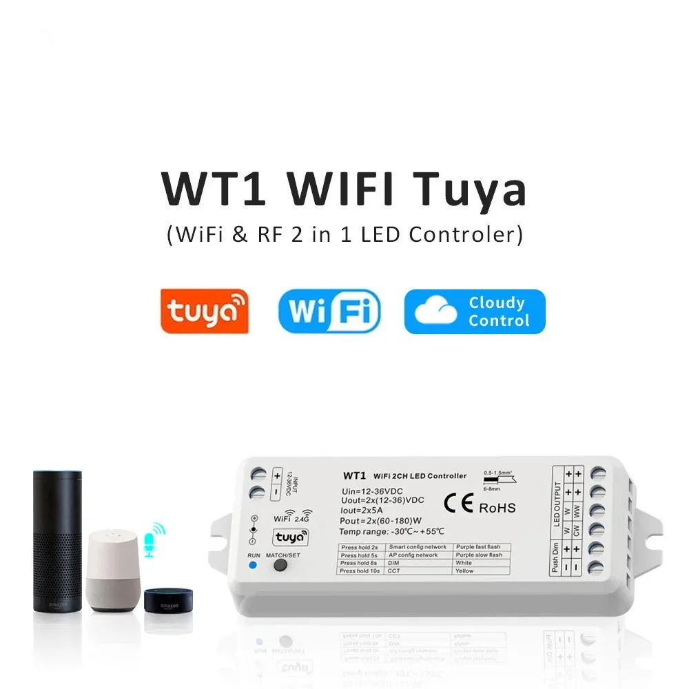 Tuya Smart Life LED Dimmer 12V 24V 36V 10A RF 2.4G Remote Voice Control Wifi Single Color CCT Controller WT1 Work with Alexa